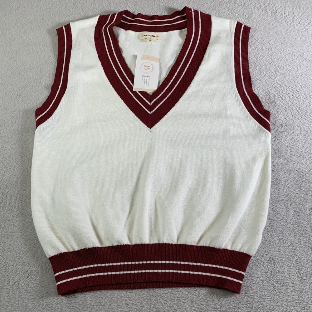Ee:some Sweater Vest Womens Small White Maroon V Neck Stripe Knit Sleeveless NEW